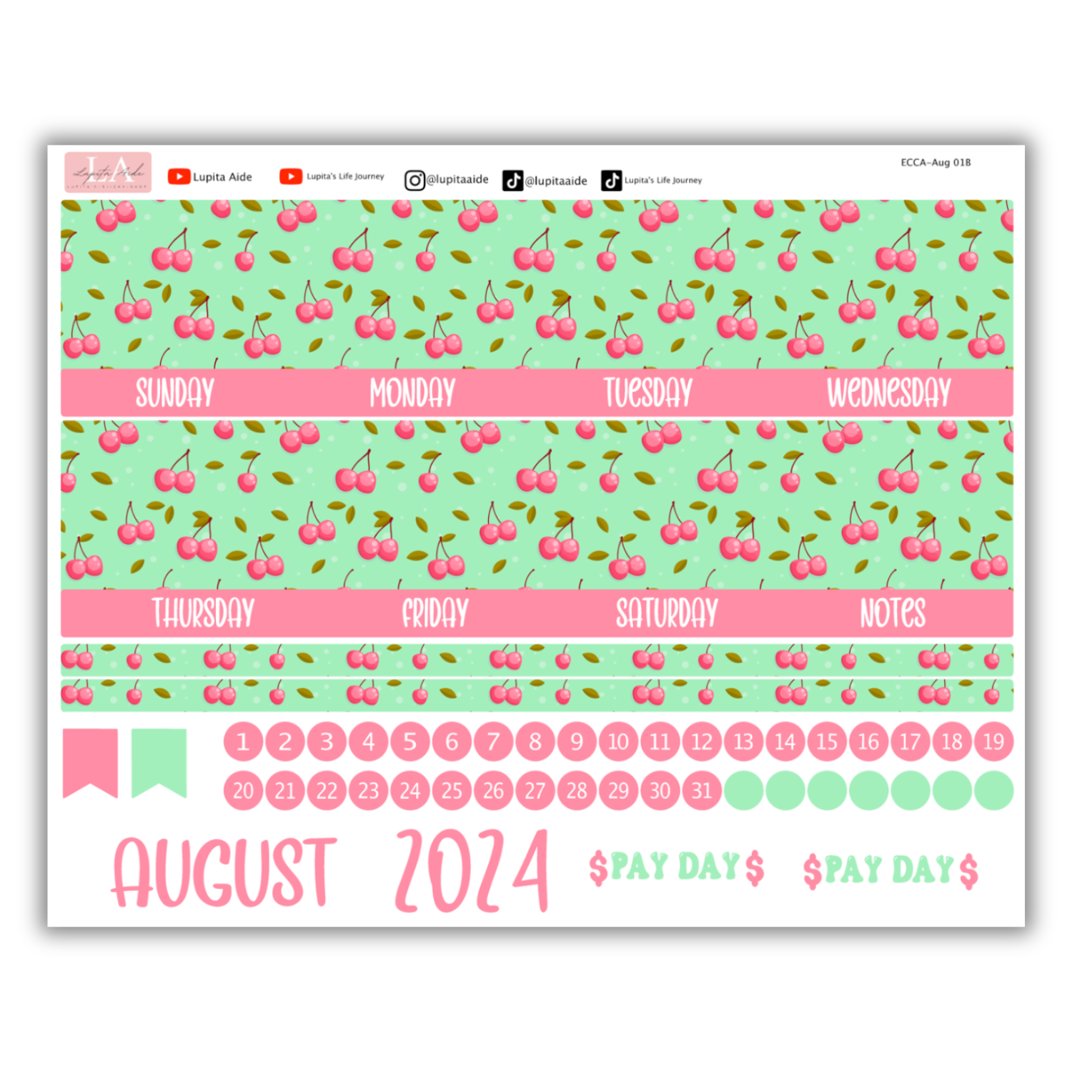 Cherry - Calendar Kit Erin Condren Planner / August