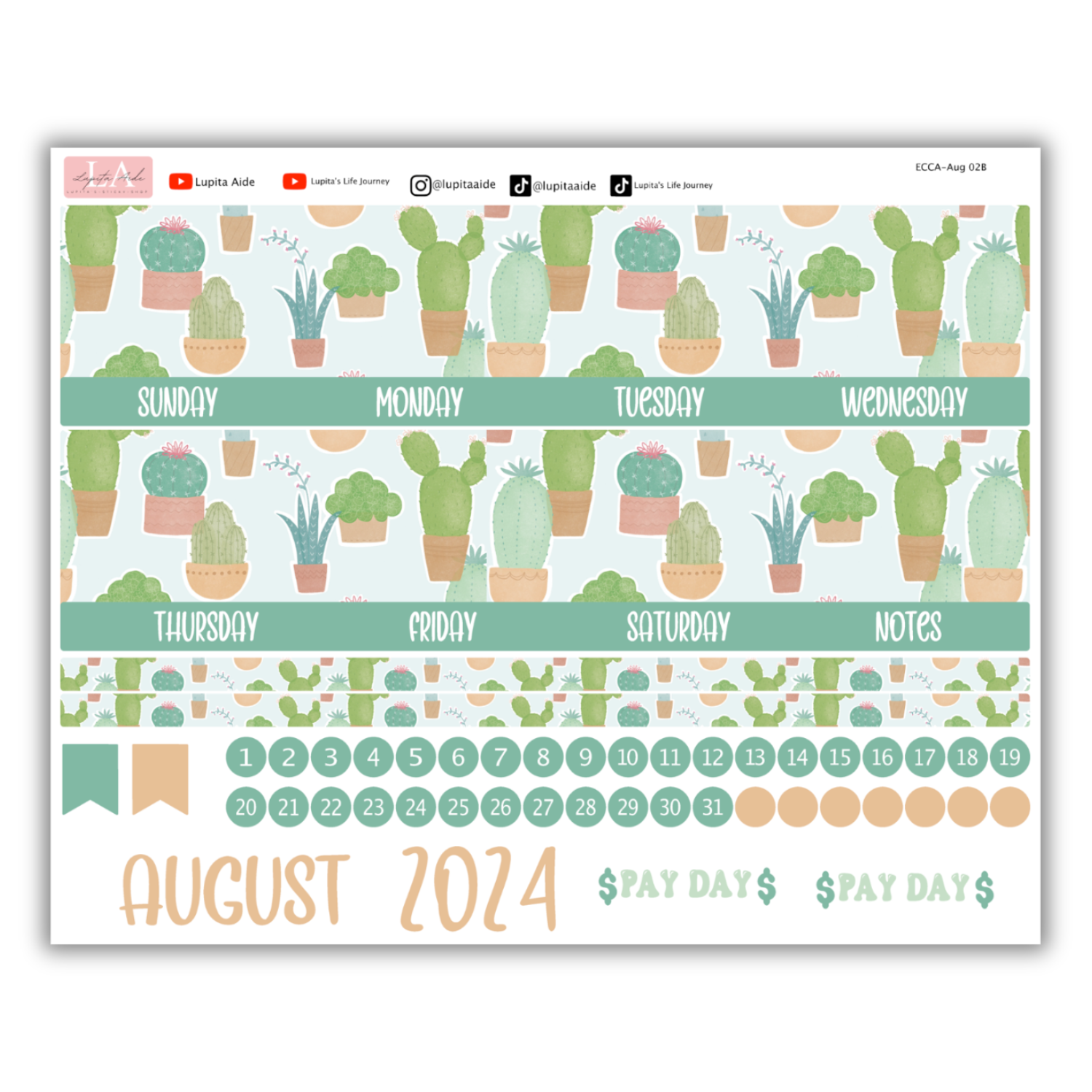 Succulent Garden - Calendar Kit Erin Condren Planner / August